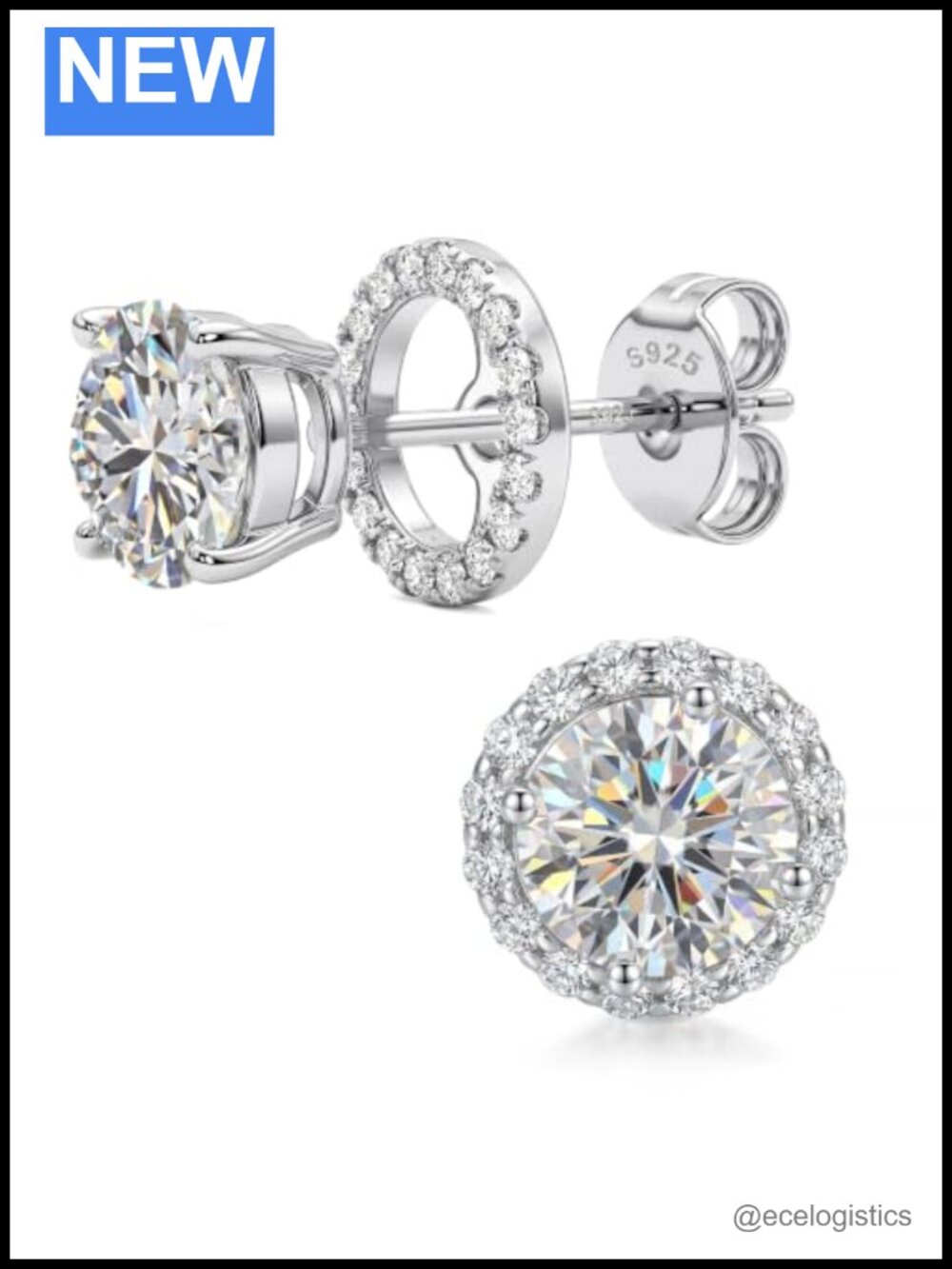 Moissanite Stud Earrings 18K White Gold Plated 925 Sterling Silver Halo